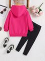 SHEIN Kids EVRYDAY Girls' Heart Pattern Hooded Casual Sweatshirt And Skinny Pants Two-Piece Outfit Set