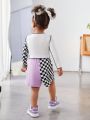 SHEIN Baby Girls' Casual Knitted Color Block Checkered Long Sleeve Top And Elastic Waist Shorts Set