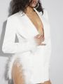 SHEIN BAE Elegant And Sexy Women's Pure White Real Feather Turkey And Ostrich Fur Slit Suit For Dance Party