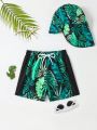 Baby Boy Tropical Print Swim Shorts With Swim Cap