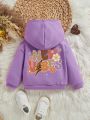 Baby Girls' Hooded Letter & Cartoon Patterned Casual Long Sleeve Sweatshirt, Suitable For Autumn & Winter