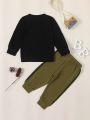 SHEIN Kids SPRTY Young Boy Slogan Printed Contrast Stitching Sweatshirt And Long Pants Two Piece Set