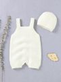 Baby Girls' Solid Color Knitted Buttoned Overalls Jumpsuit With Twisted Flower Pattern Sweater, For Crawling