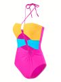 SHEIN Swim BAE Women's Colorblock Cutout Halter One-piece Swimsuit