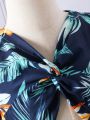 Young Girl Tropical Plant Printed V-Neck Short Sleeve Midi Dress Family Matching Outfits (5 Pieces Sold Separately)
