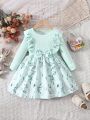 SHEIN Baby Girls' Elegant & Cute Long Sleeve Daytime Casual Floral Dress With Plant Print