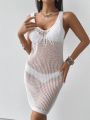 SHEIN Swim Vcay 1pc Solid Color Crochet Sleeveless Cover Up Dress