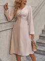 Color Block Lantern Sleeve Buttoned Midi Dress