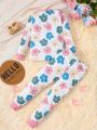 Little Girl's Floral Print Long-Sleeved Trousers And Tight Pajamas Set