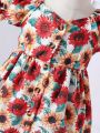 Baby Girl Sunflower Printed Elegant Romantic Lovely Daily Casual Dress With Bag, Spring And Summer