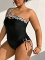 SHEIN Swim SXY Plus Size Leopard Print Monokini With Cutout One Shoulder And Sleeveless Design