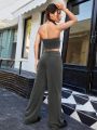 SHEIN Qutie Contrast Fold Over Button Up Bandeau Top And Pants Set