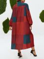 Plus Size Lantern Sleeve Contrast Color Shirt Dress