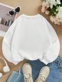 Girls' Casual Cartoon Lady & Letter Pattern Long Sleeve Fleece Sweatshirt, Suitable For Autumn & Winter