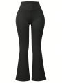 2pcs Solid Wide Waistband Flare Leg Sports Pants