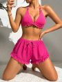 SHEIN Swim Vcay Ruffled Halter Top & Shorts Decor Bikini Set