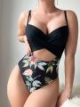 Tropical Printed Patchwork Hollow Out One Piece Swimsuit