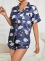 Women'S Clouds & Stars Printed Satin Pajama Set