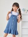 SHEIN Young Girl's Adjustable Loose Fit Denim Overall Skirt, Blue