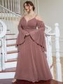 Plus Cold Shoulder Flounce Sleeve Ruched Split Thigh Bridesmaid Dress