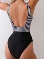 SHEIN Swim Chicsea Hollow Out Striped & Printed One-Piece Swimsuit