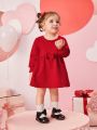 SHEIN Baby Girls' Casual Cute Red Dress With Fun Bow-tie Decoration