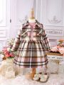 SHEIN Kids CHARMNG Young Girl Plaid Print Flap Pocket Dress & Crop Jacket