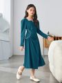 SHEIN Tween Girls' Vintage Fitted Pearl Decor Long Sleeve Elegant Midi Dress