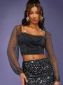 SHOP STYLE Draped Collar Lantern Sleeve Glitter Crop Top