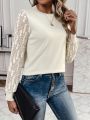 SHEIN Frenchy Round Neck Long Sleeve Sweater Top With Lace Panel