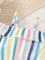 SHEIN Kids SUNSHNE 2pcs/Set Toddler Girls' Off Shoulder Striped Tops And Elastic Waist Vertical Striped Skirts With Matching Belt For Summer