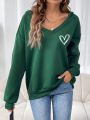 Women's Heart Print Green V-neck Sweatshirt