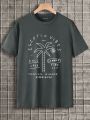 Men's Coconut Tree And Slogan Printed Short Sleeve T-Shirt