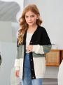 SHEIN Tween Girls' Casual Loose Fit Colorblock Cardigan With Button-up Front