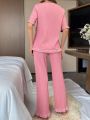 Ladies' Round Neck Sleepwear Set With Texture And Lace Patchwork