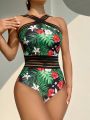 SHEIN Swim Vcay Tropical Print Mesh Splicing Vacation Style One-Piece Swimsuit