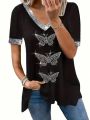 Plus Size Butterfly Pattern Sequin Patchwork T-Shirt