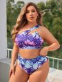 SHEIN Swim Vcay Plus Size Coconut Tree Printed Swimsuit 3pcs/Set