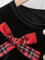 SHEIN Kids Cooltwn Girls' Fashionable Elegant Knit Cardigan With Grid Pattern Sleeveless Dress
