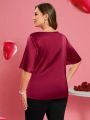 EMERY ROSE Valentine's Day Plus Size Bell Sleeve Knotted And Side-Tied Satin Top