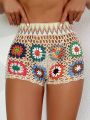 SHEIN Swim BohoFeel Women's Crochet Flower Pattern Cover Up Shorts