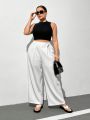 SHEIN Essnce Women's Plus Size White Long Pants With Belt, Wide Leg Pants For Spring And Summer