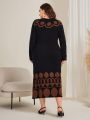 SHEIN Modely Plus Size Geometric Pattern Round Neck Sweater Dress Without Belt