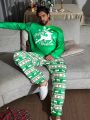 Men Christmas Elk & Letter Graphic Tee & Pants PJ Set