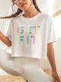 Letter Graphic Drop Shoulder Crop Sports Tee