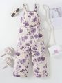 SHEIN Kids Nujoom Young Girl'S Romantic Plant Print Casual Sleeveless Jumpsuit