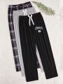 3pcs Elastic Waist Grid & Letter Pattern Pajama Pants