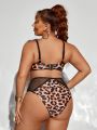 SHEIN Swim BAE Plus Size Mesh Patchwork Leopard And Floral Print Swimsuit Set