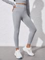 Tween Girls Fashionable Grey Sports Pants For Yoga, Running & Cycling, Stretchy, Breathable, Sweat-Wicking, Elastic