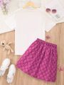 Teen Girls' Cartoon Bear & Letter Print Top And Skirt Set